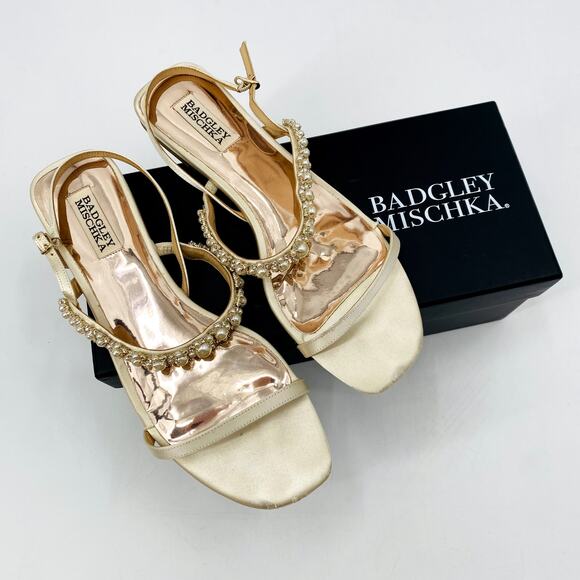 Badgley Mischka Natalee Ivory Satin Flat Sandals - Picture 1 of 6